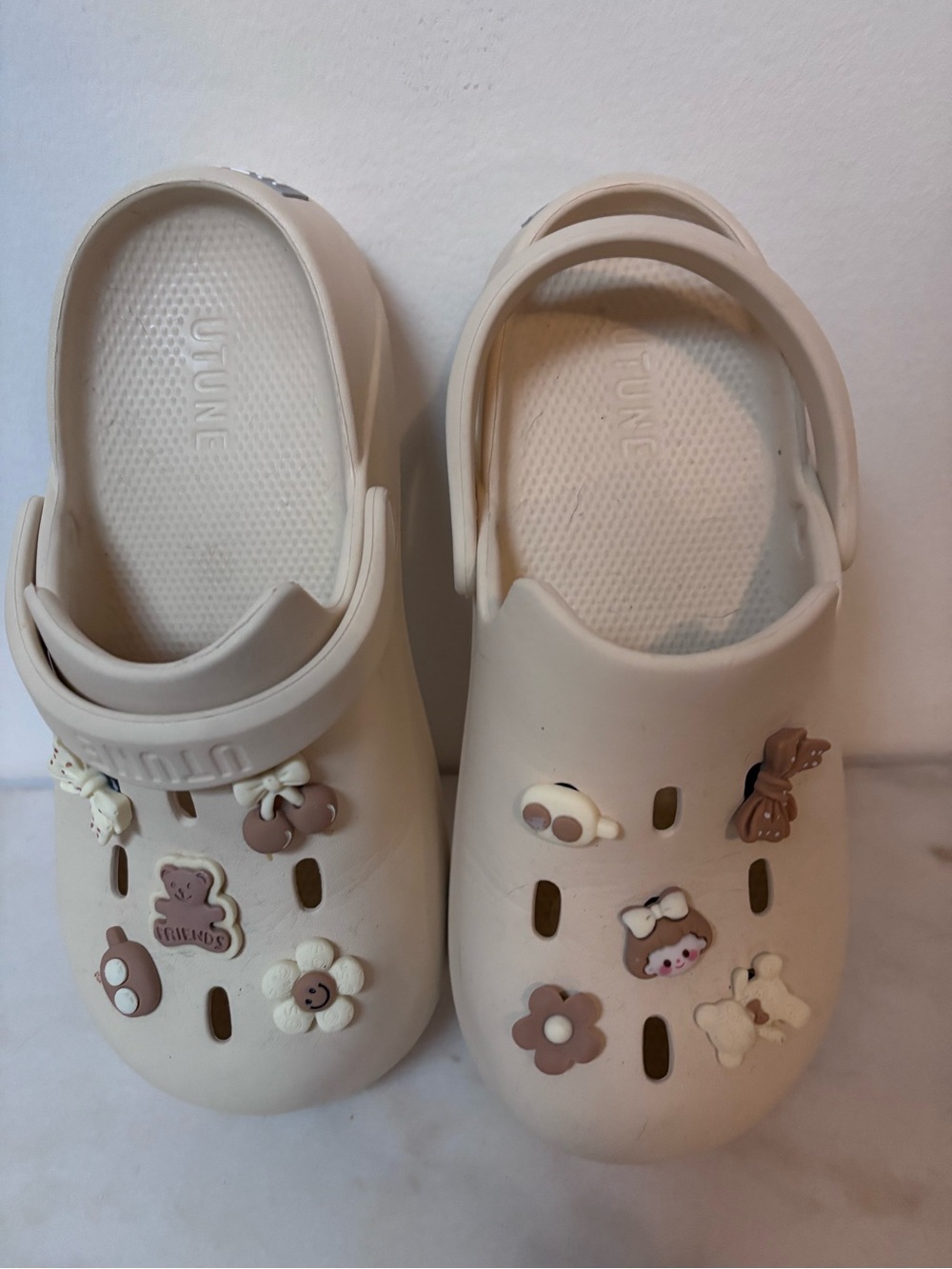 Neutral Beige Slip-On Clog Shoes with Charms (size 8-9)